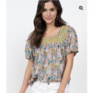 Ivy Jane Sister Mary Floral Boho embroidered boat neck top Puff Sleeves EUC Sz S